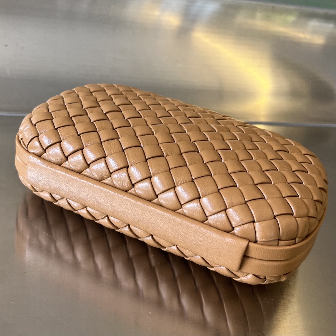 Knot Padded Intreccio Leather Clutch Caramel